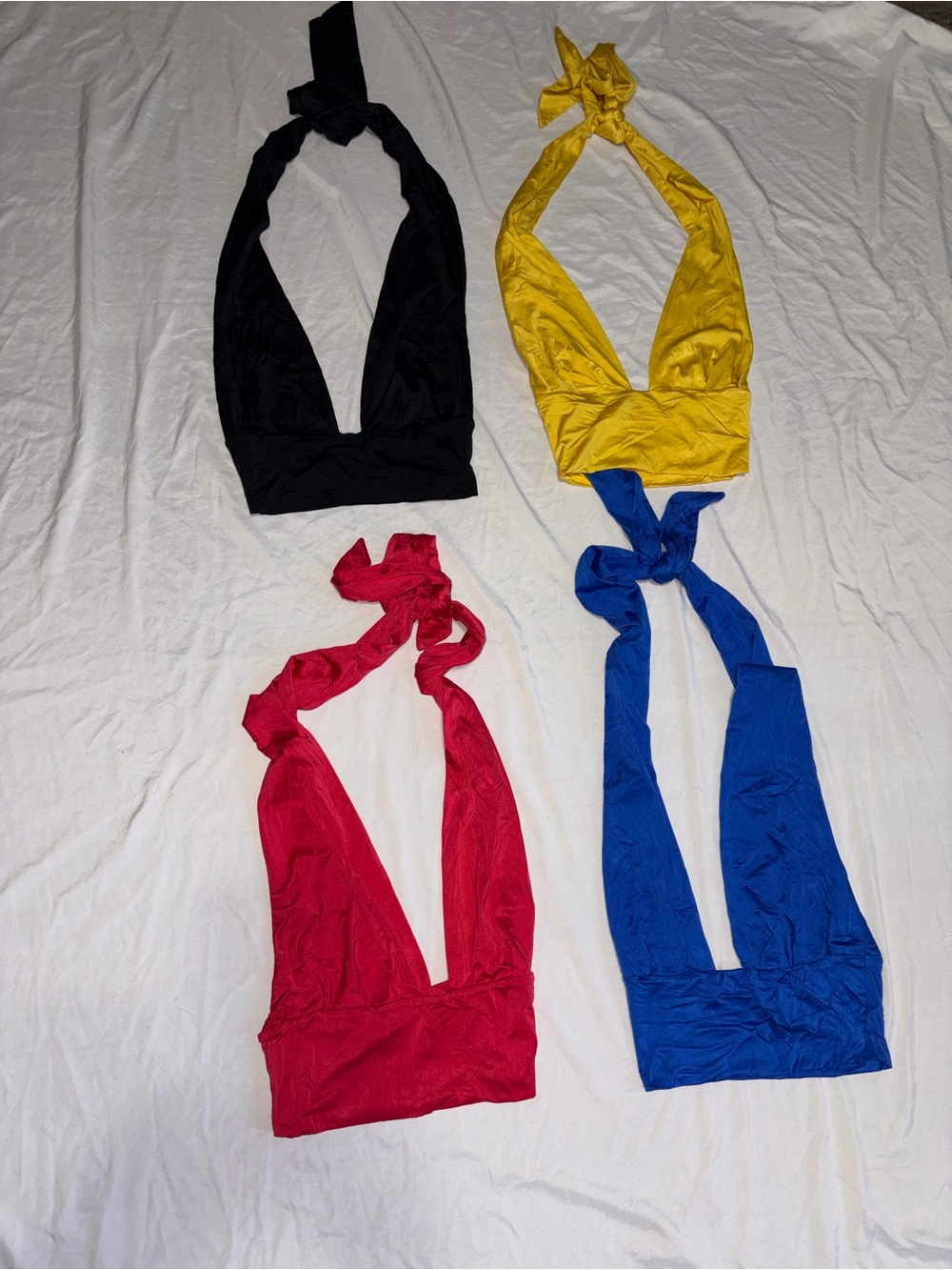 SHEIN Halter V-Neck Tie-Back Crop Tops - Black, Yellow, Red, Blue